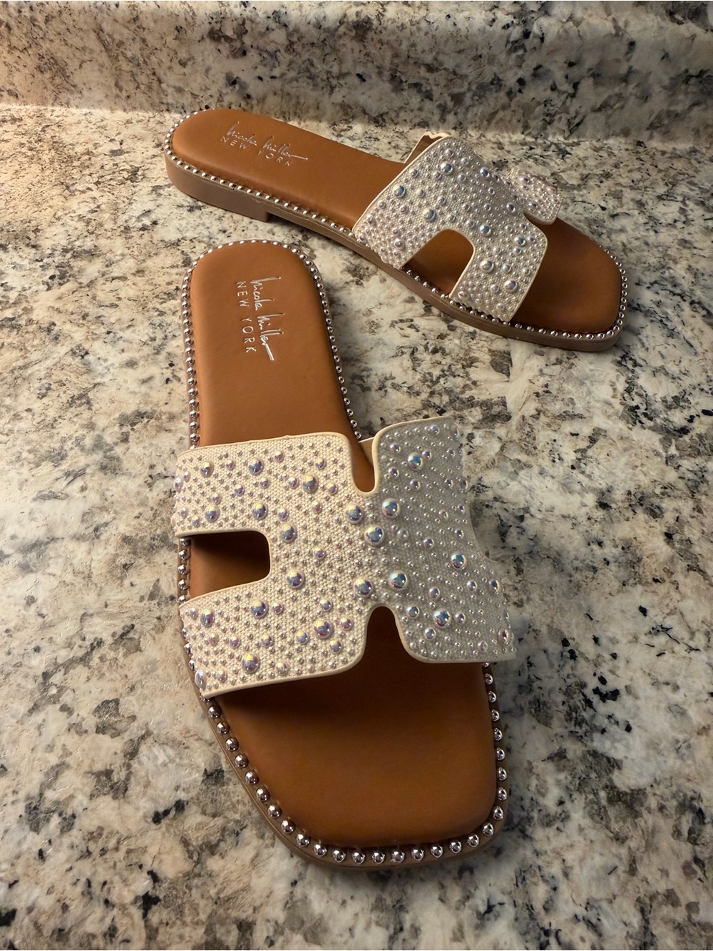 Nicole Miller Ivory Crystal-Embellished Slide Sandals Sparkle H New - Picture 1 of 6